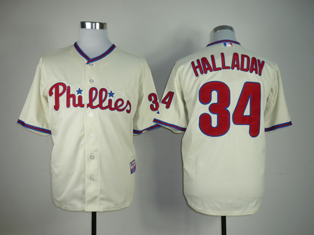 Men Philadelphia Phillies 34 Halladay Cream MLB Jerseys
